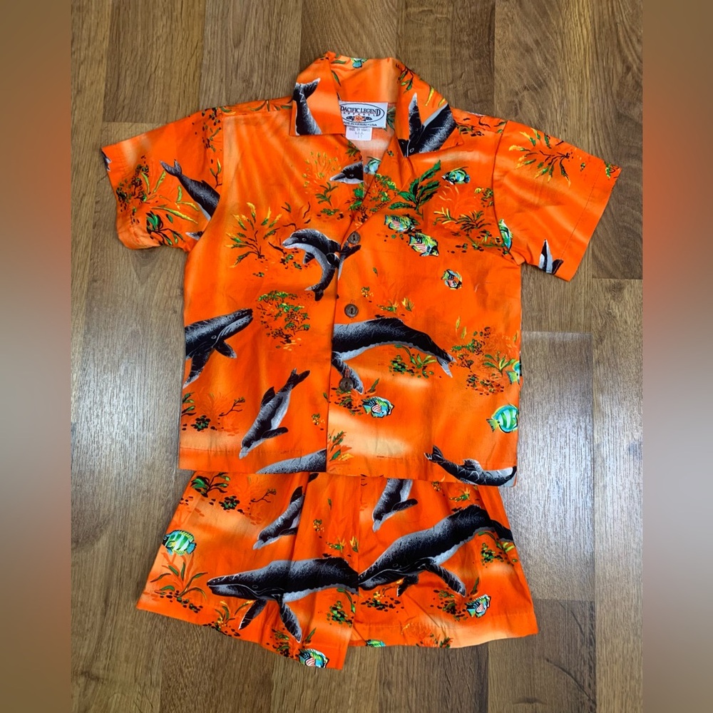 Vintage Pacific Legend Baby 12 Months Hawaiian Shorts Outfit Orange Whales Fish